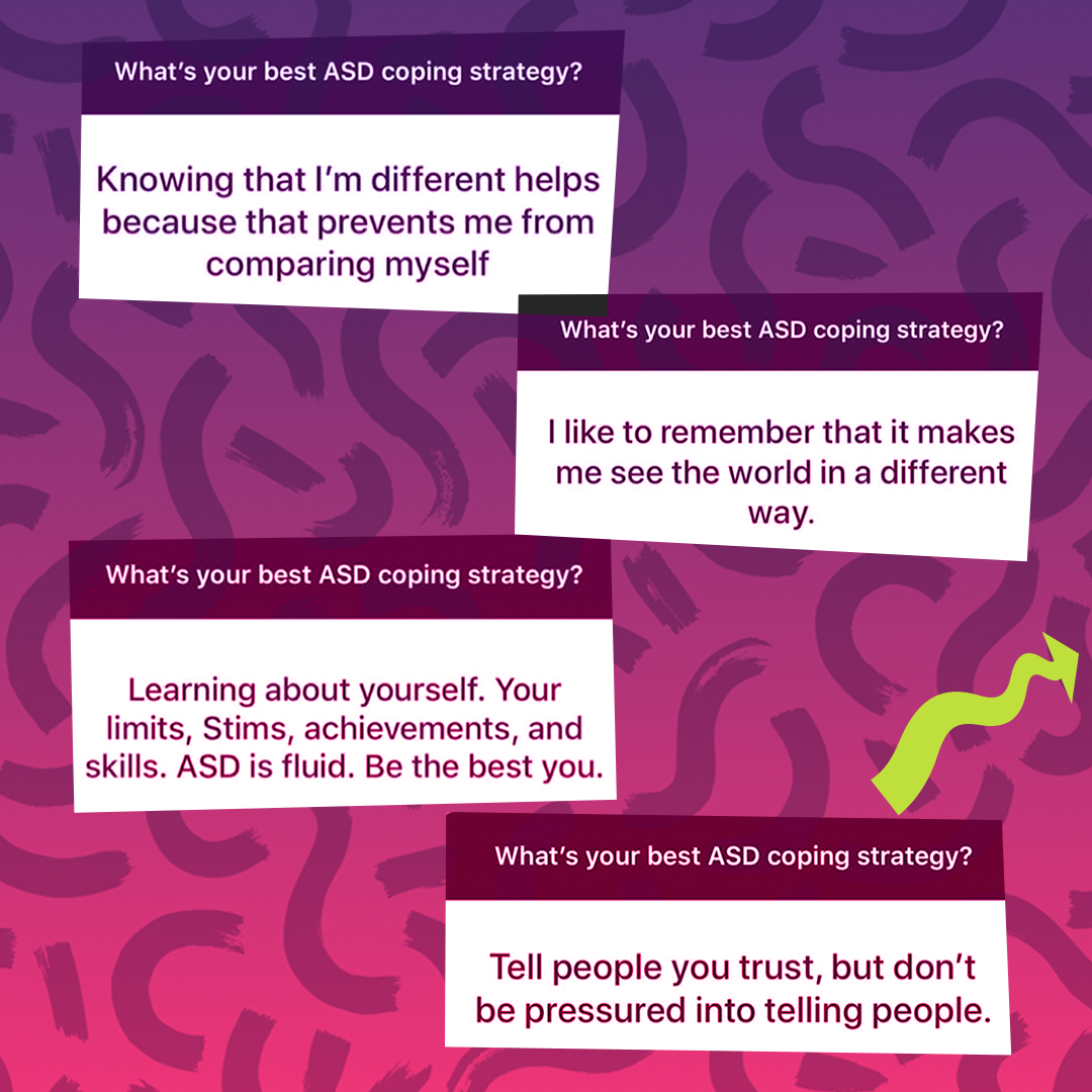 Text boxes asking “What’s your best ASD coping strategy?” with responses including learning about yourself, seeing the world differently, and choosing who to tell.