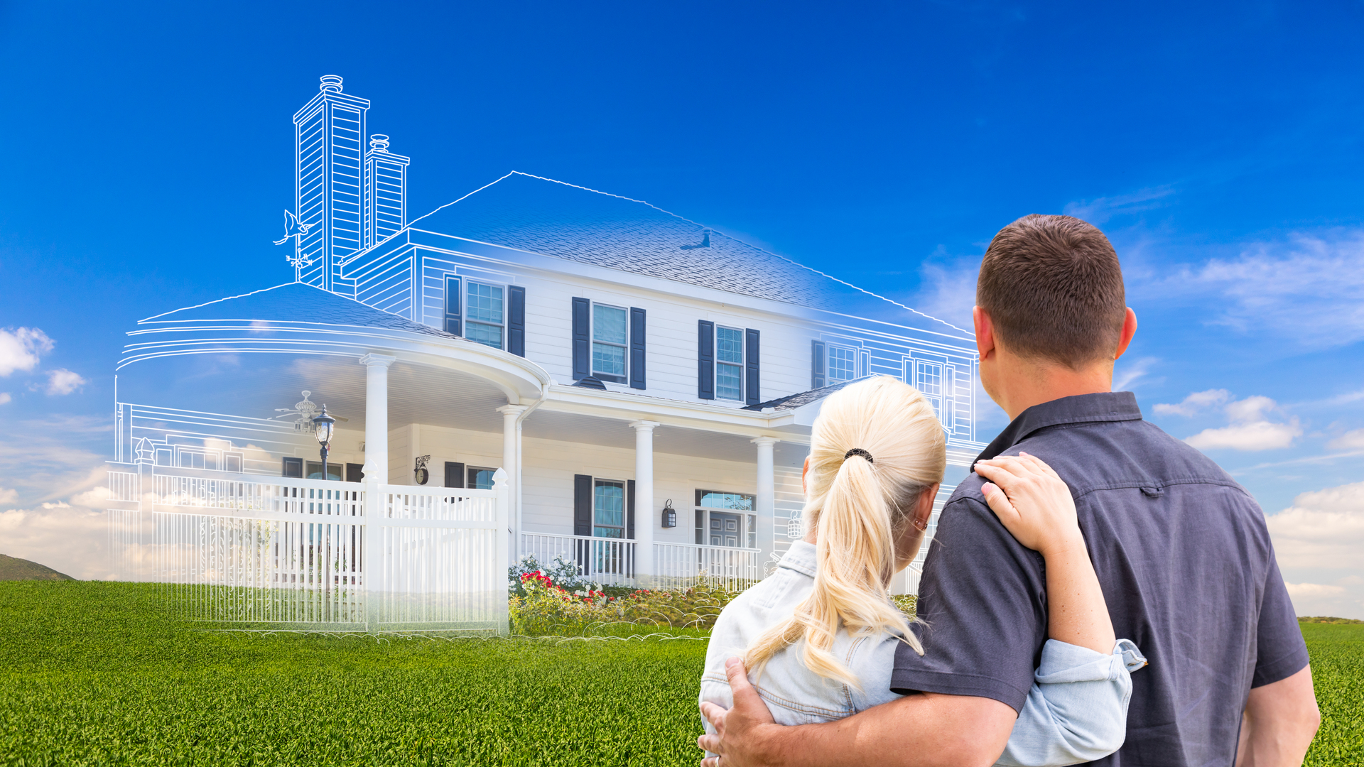 Couple Facing Ghosted House Drawing and Photo Over Green Landscape