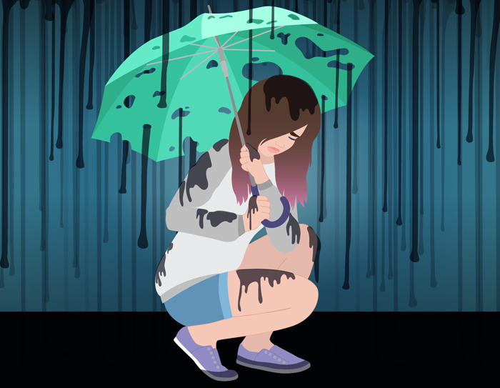 A girl ducks under an umbrella full of holes. The rain falls on her.
