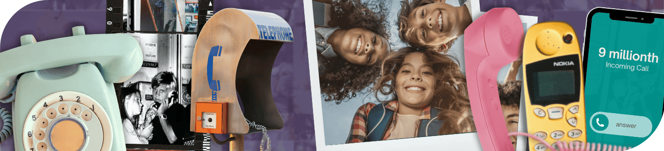 A collage of phones from different time periods, with polaroids in the back of young children, some in black and white, some in colour.