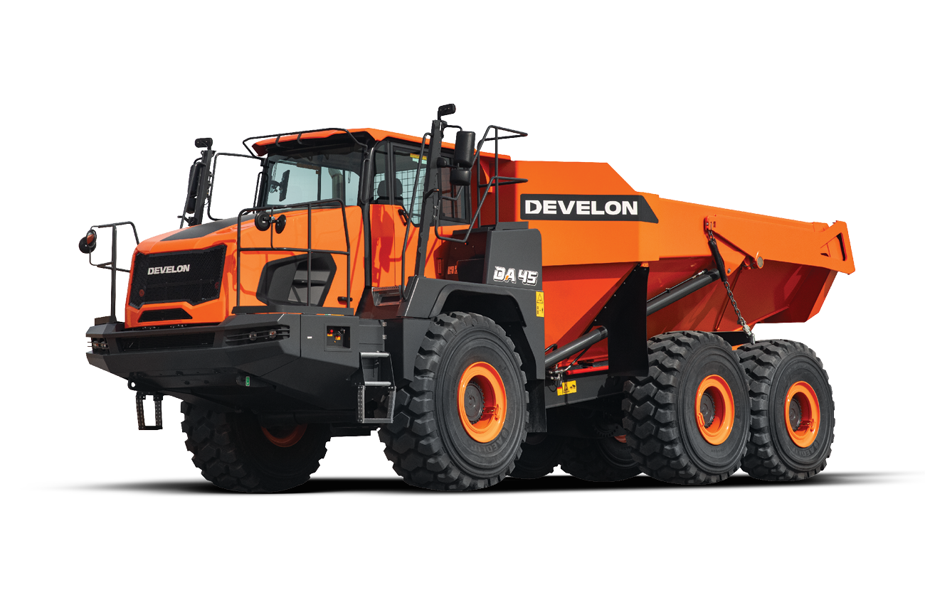 The DEVELON DA45-7 articulated dump truck against a white background.