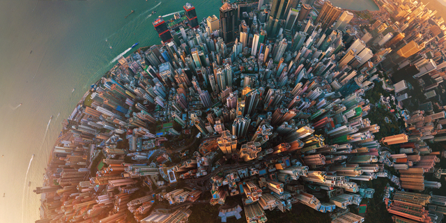 Little planet. Aerial view of Hong Kong Downtown. Financial district and business centers in smart city in Asia. Top view. Panorama of skyscraper and high-rise buildings.