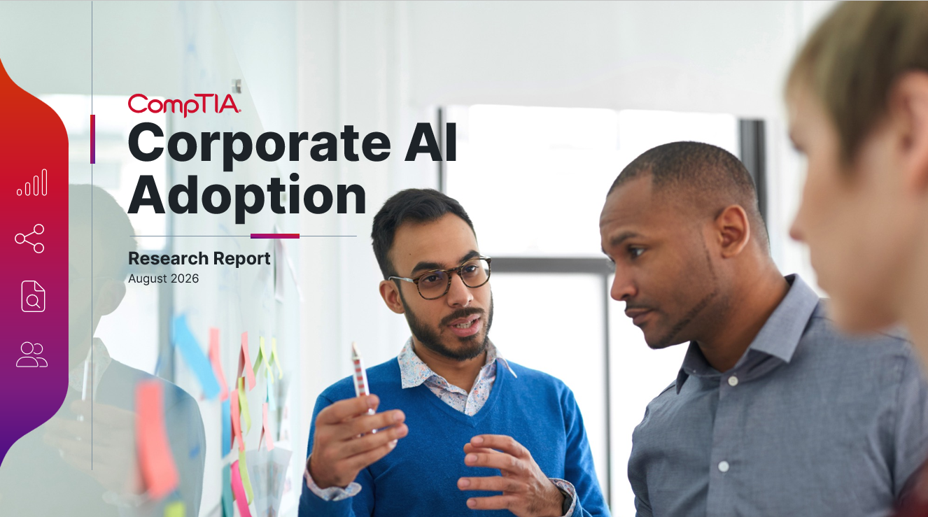 CompTIA Corporate AI Adoption Research Report (August 2026) cover featuring colleagues collaborating in an office.