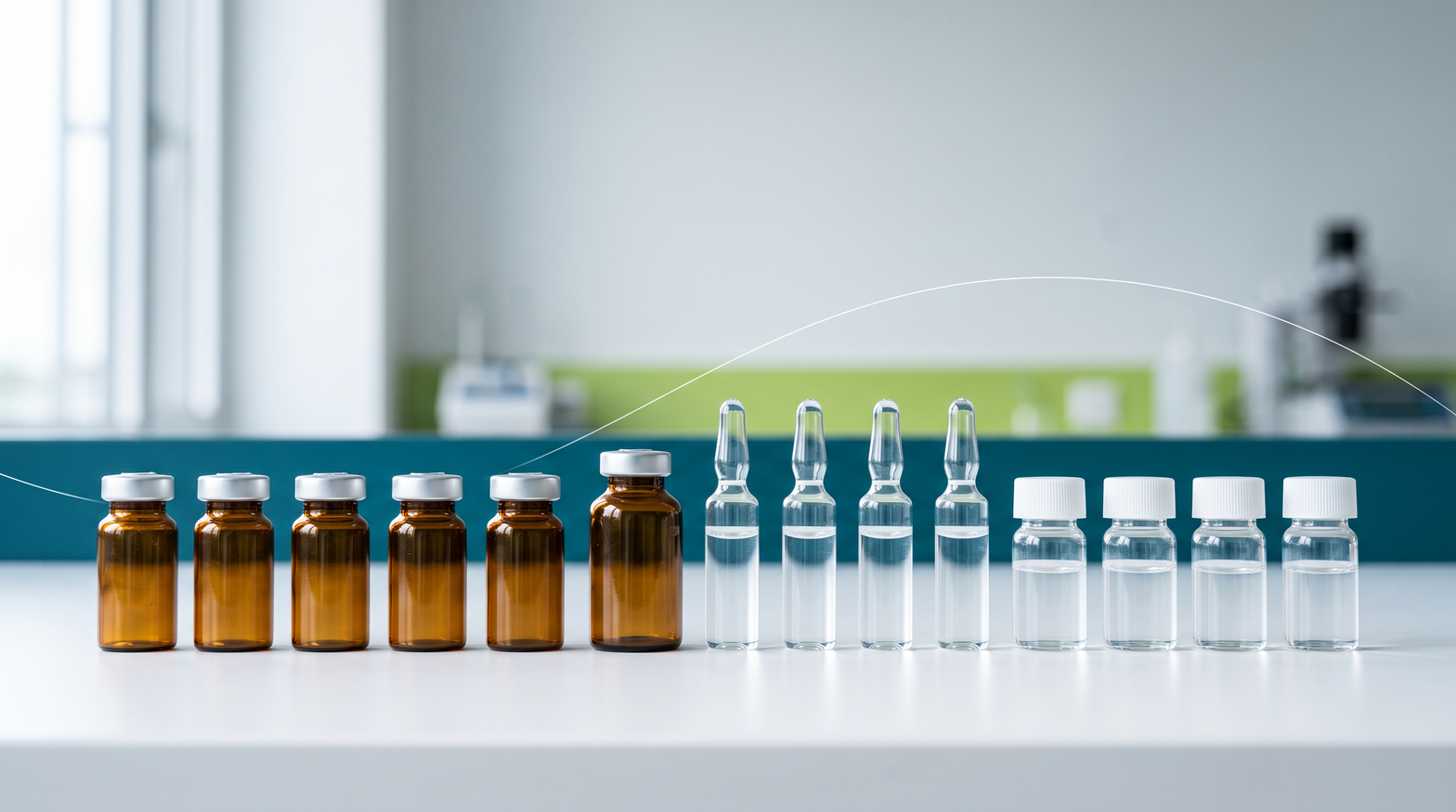 Amber glass reference material vials arranged on a clean white laboratory bench