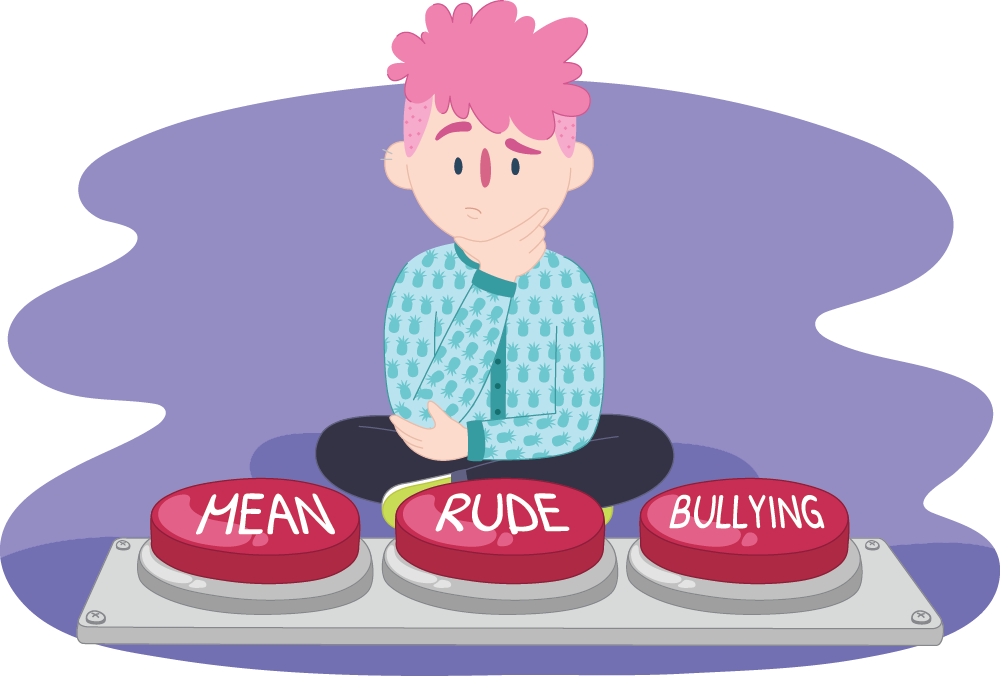 Illustration of a person sitting cross‑legged with a hand resting on their chin. In front are three large red buttons labelled “MEAN”, “RUDE”, and “BULLYING”, arranged in a row on a panel.