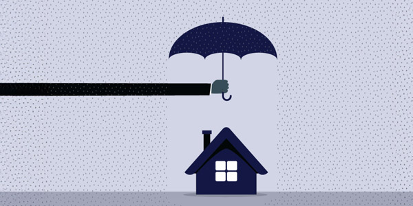 house with an umbrella shielding it from the rain graphic