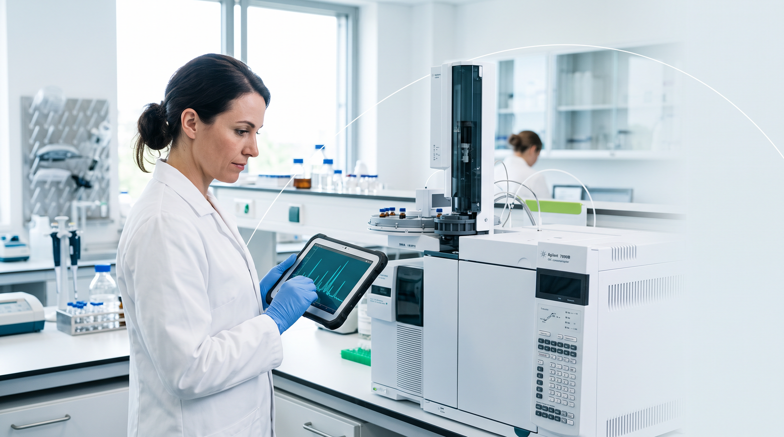 Pharmaceutical quality control analyst reviewing certificate documentation beside an HPLC system
