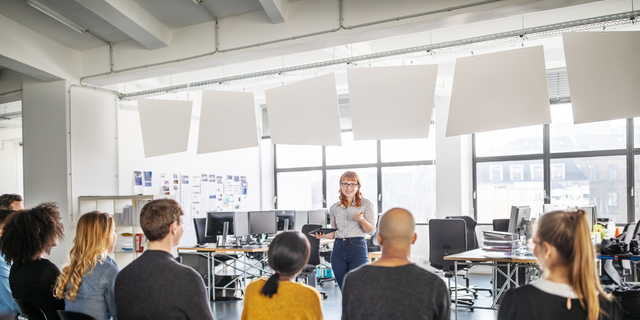 Young businesswoman addressing her team