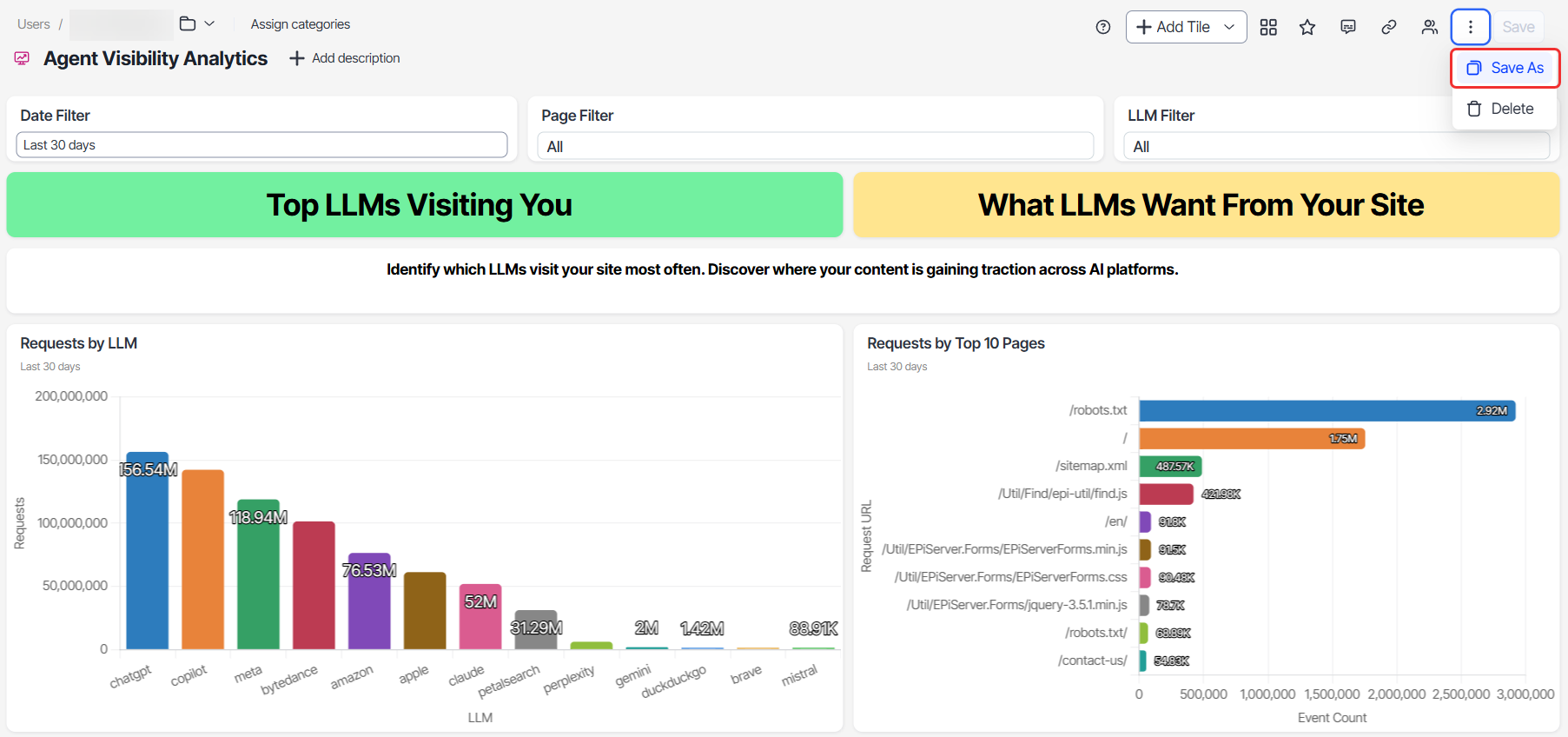 Optimizely Agent Visibility Analytics dashboard showing server-level logs of AI agent traffic, including which agents visited, which pages they accessed, visit frequency, and inferred intent.
