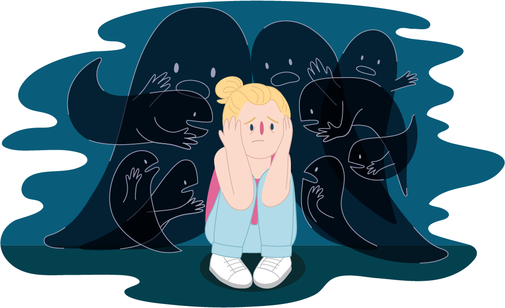 Illustration of a girl sitting on the ground with knees drawn up and hands covering their ears. Dark, abstract figures with open mouths surround the person against a deep blue textured background.