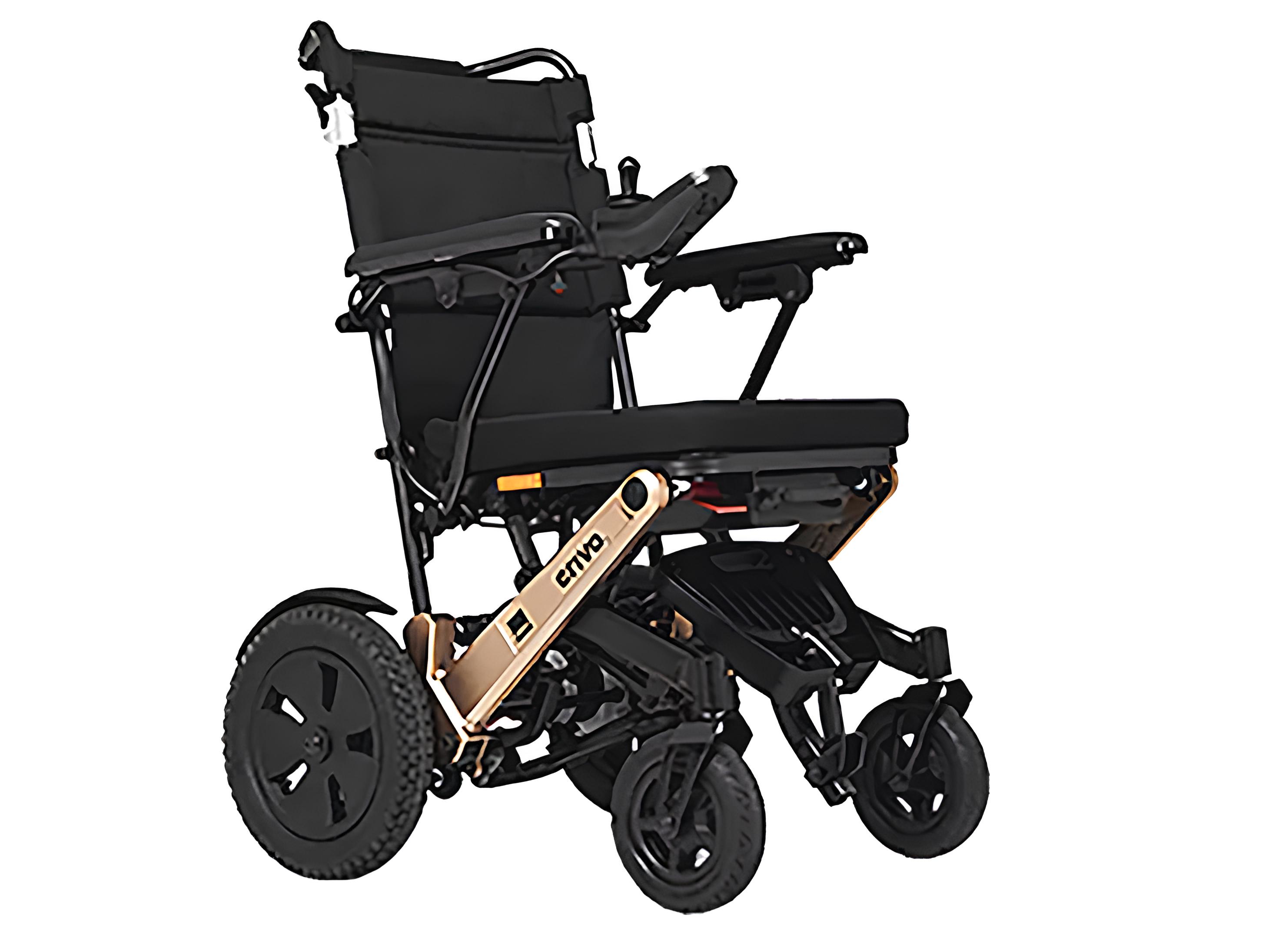 The Erivo R10 power wheelchair, pictured on a white background, features a lightweight foldable frame with a modern gold and black color scheme. It has a padded seat and backrest, adjustable armrests, a joystick controller on the right armrest, and large rear wheels for enhanced mobility. 