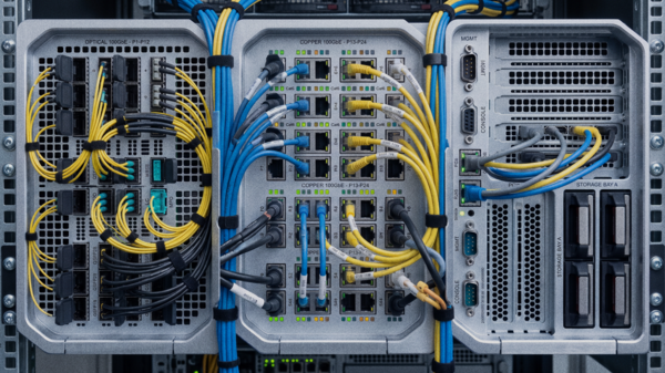 BICSI standard structured cabling layout featuring fiber optic LC connectors and Cat6 ethernet patch panels