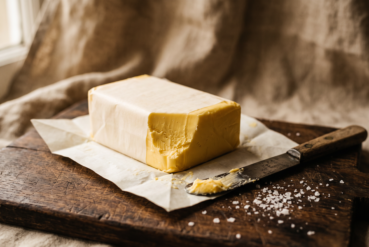 An unwrapped block of Kerrygold pure Irish butter on a scrubbed pine surface