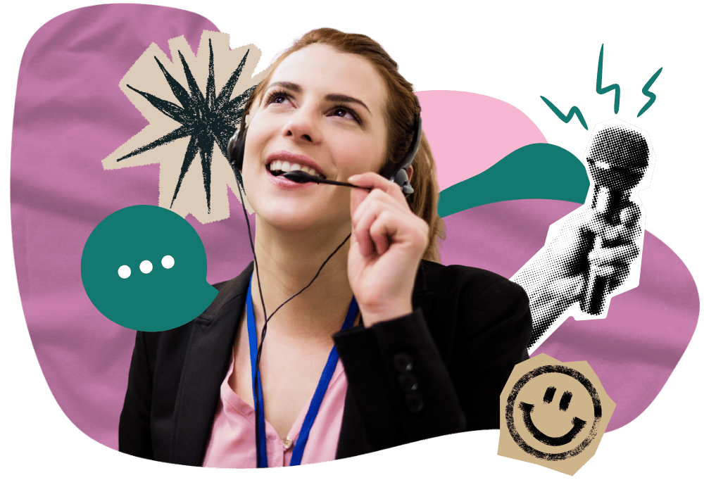 A counsellor talks into a headset. A collage of smiley faces, speech bubbles, and microphones surround her.