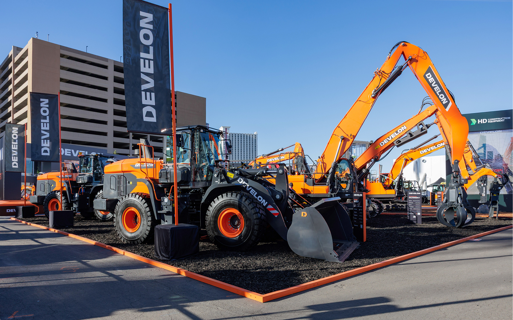 DEVELON heavy construction equipment on display at CONEXPO-CON/AGG 2026 in Las Vegas.
