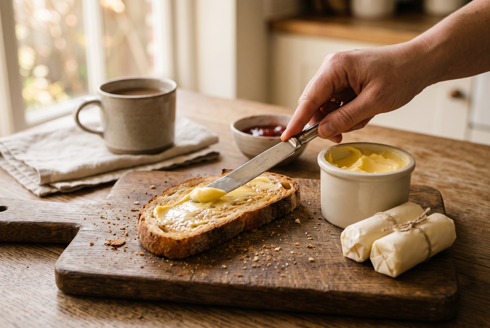 An open tub of Kerrygold spreadable butter beside warm toast and a knife