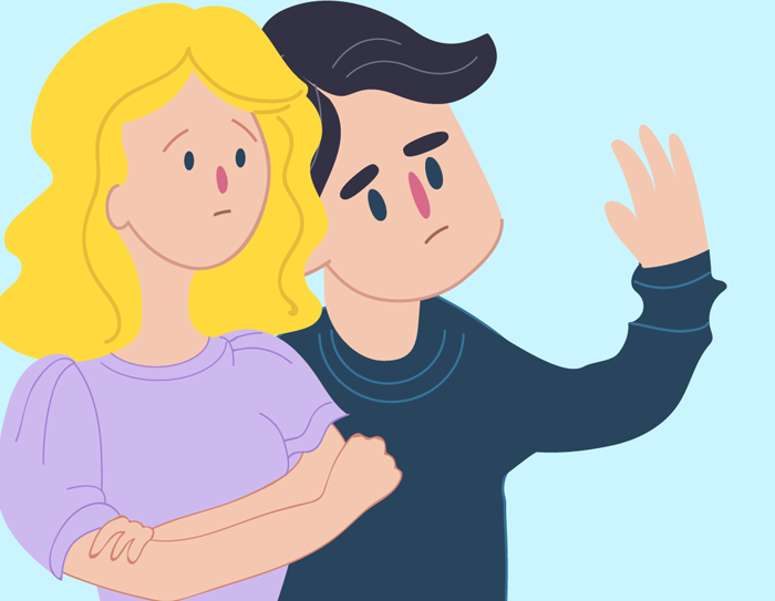 Parents looking concerned while one waves and the other has their arms crossed