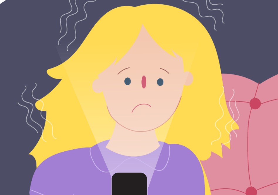 Teen girl sitting on couch looking at her phone with a worried face, Mum next to her