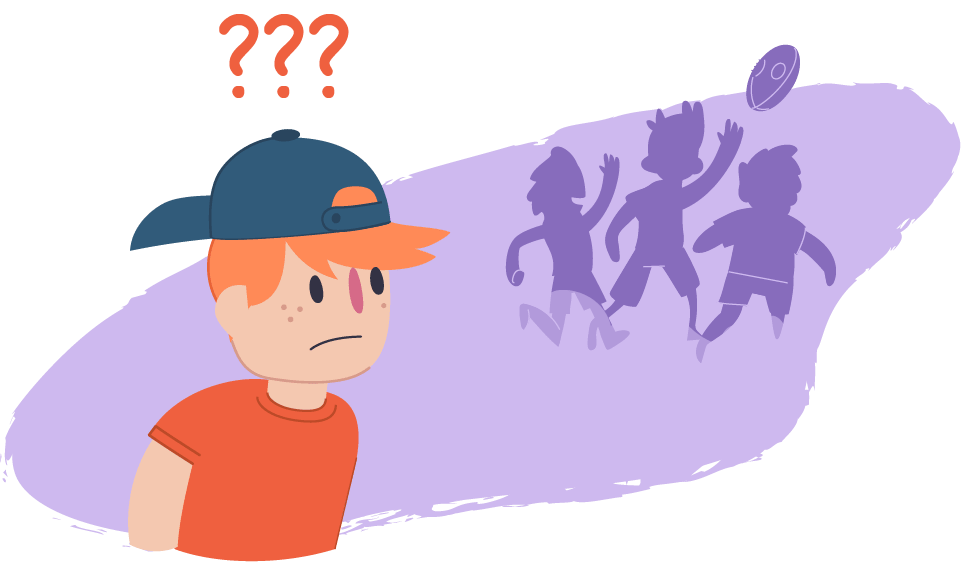 Illustration of a boy in the foreground wearing a cap. Question marks appear above his head, and silhouettes of three people playing with a ball appear in the background.