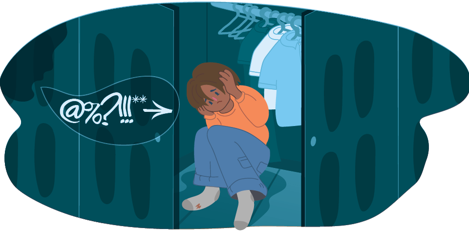 An illustrated child sitting on the floor inside an open wardrobe coving their ears, with large, scribbled symbols in a speech bubble coming from a shadow of a face.