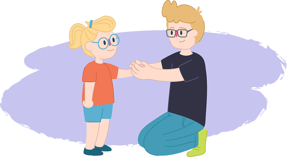 Illustration of an adult kneeling and holding both hands of a smaller person standing in front of them. The background shows simple indoor shapes.