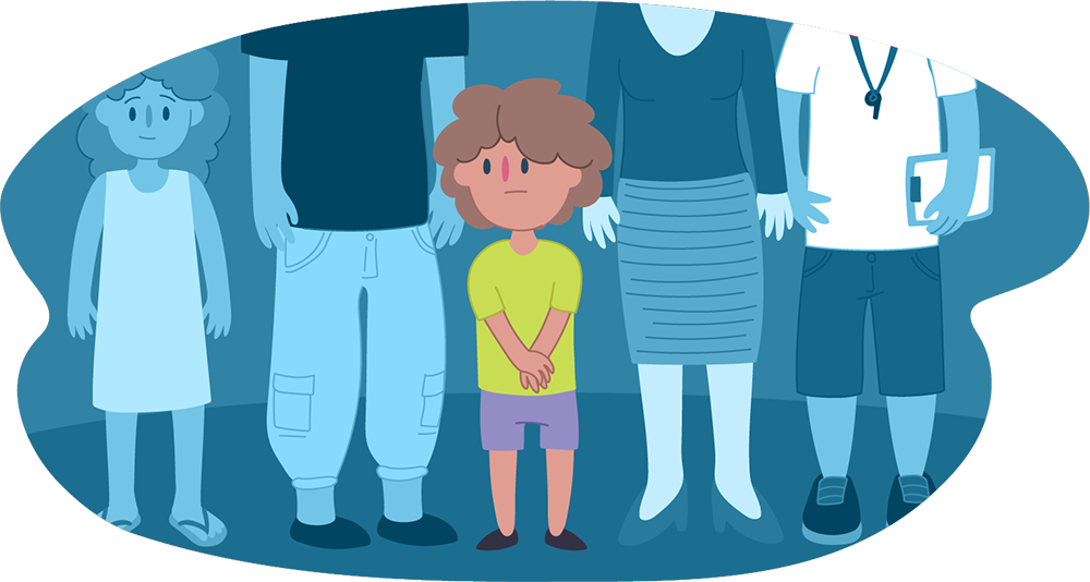 Illustration of a child standing in front of several taller people shown behind them. The figures are arranged in a group against a blue background. The boy stands out and doesn't know who to talk to