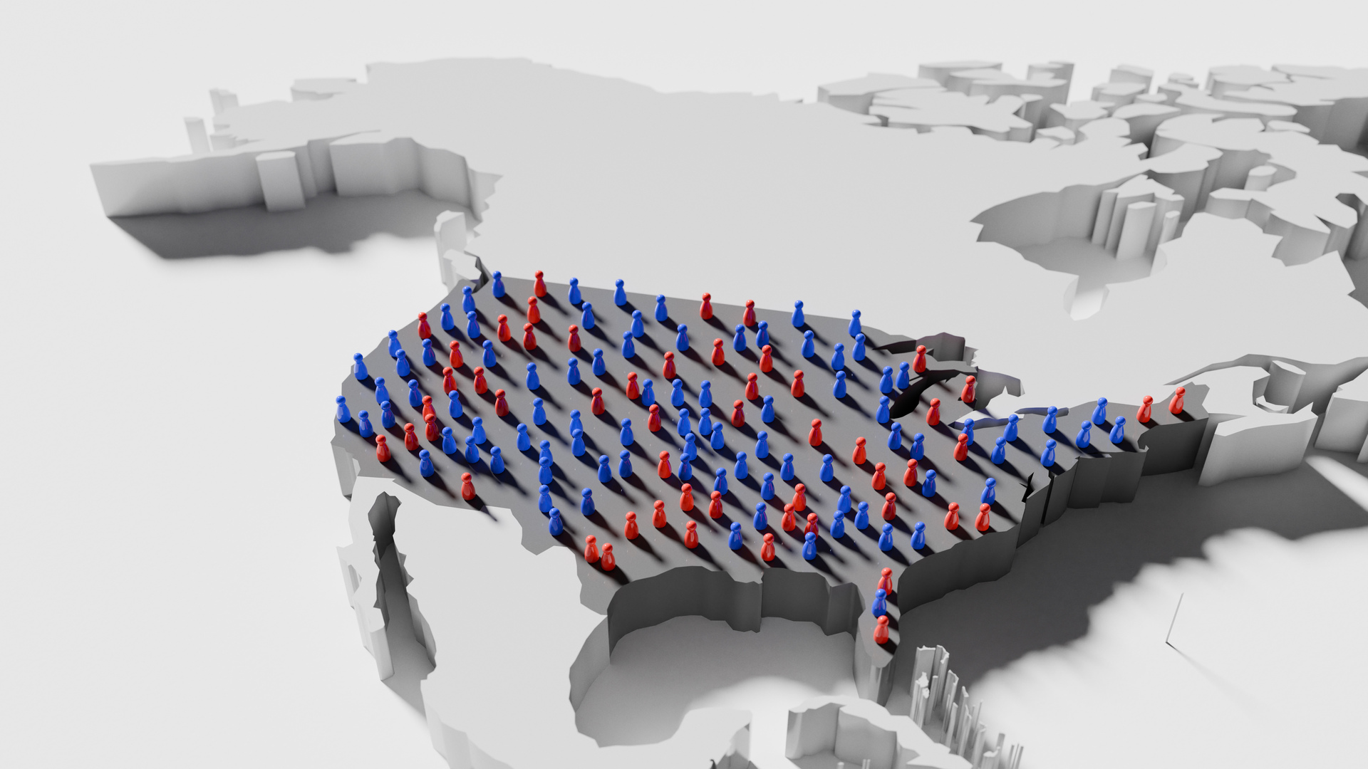 Red and blue pawns covering The United States on a map