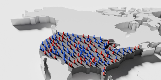 Red and blue pawns covering The United States on a map