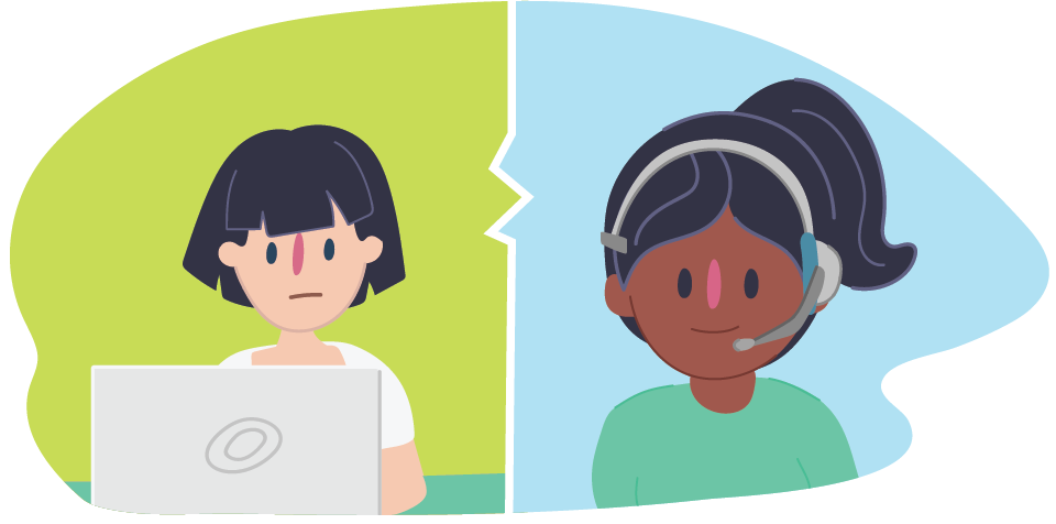 Illustration split into two panels. One shows a person using a laptop, and the other shows a person wearing a headset.