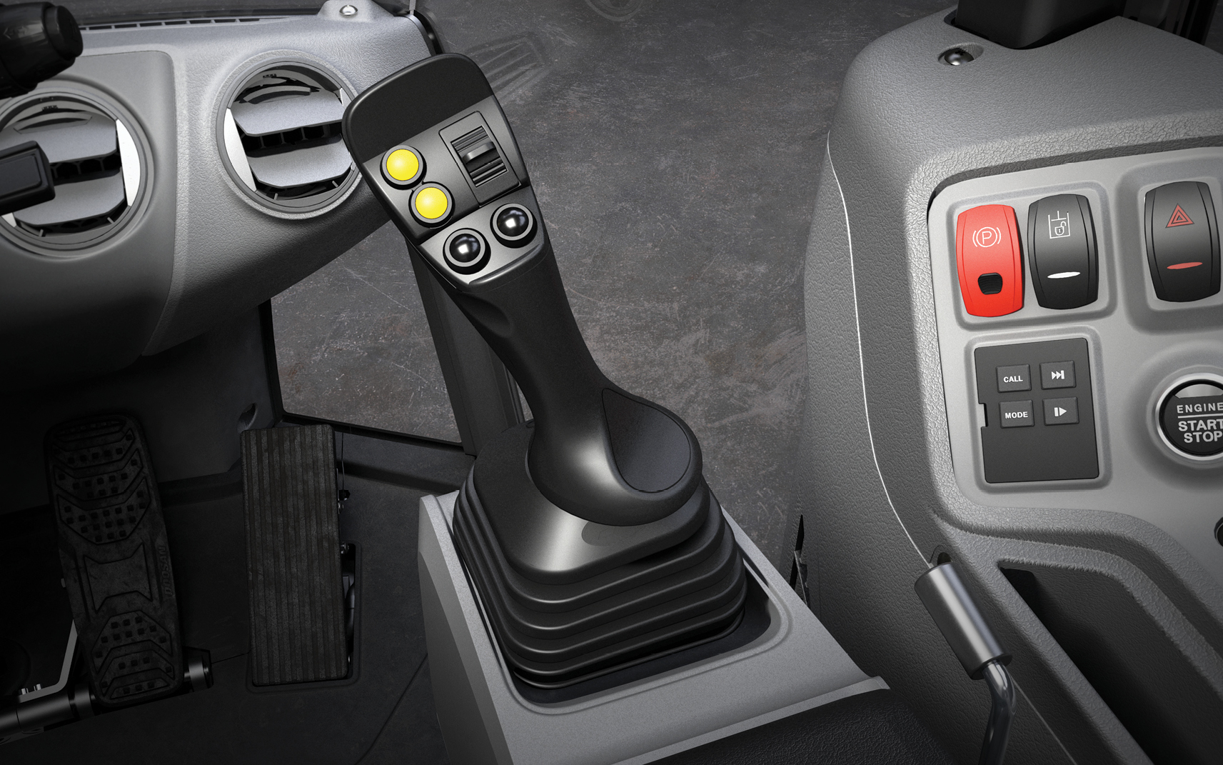 A joystick in a heavy equipment cab.