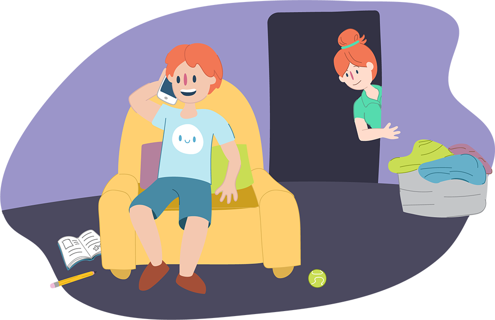 An illustrated scene showing a child sitting in an armchair talking on a mobile phone, while an adult stands in a doorway smiling; books and small objects are scattered on the floor.