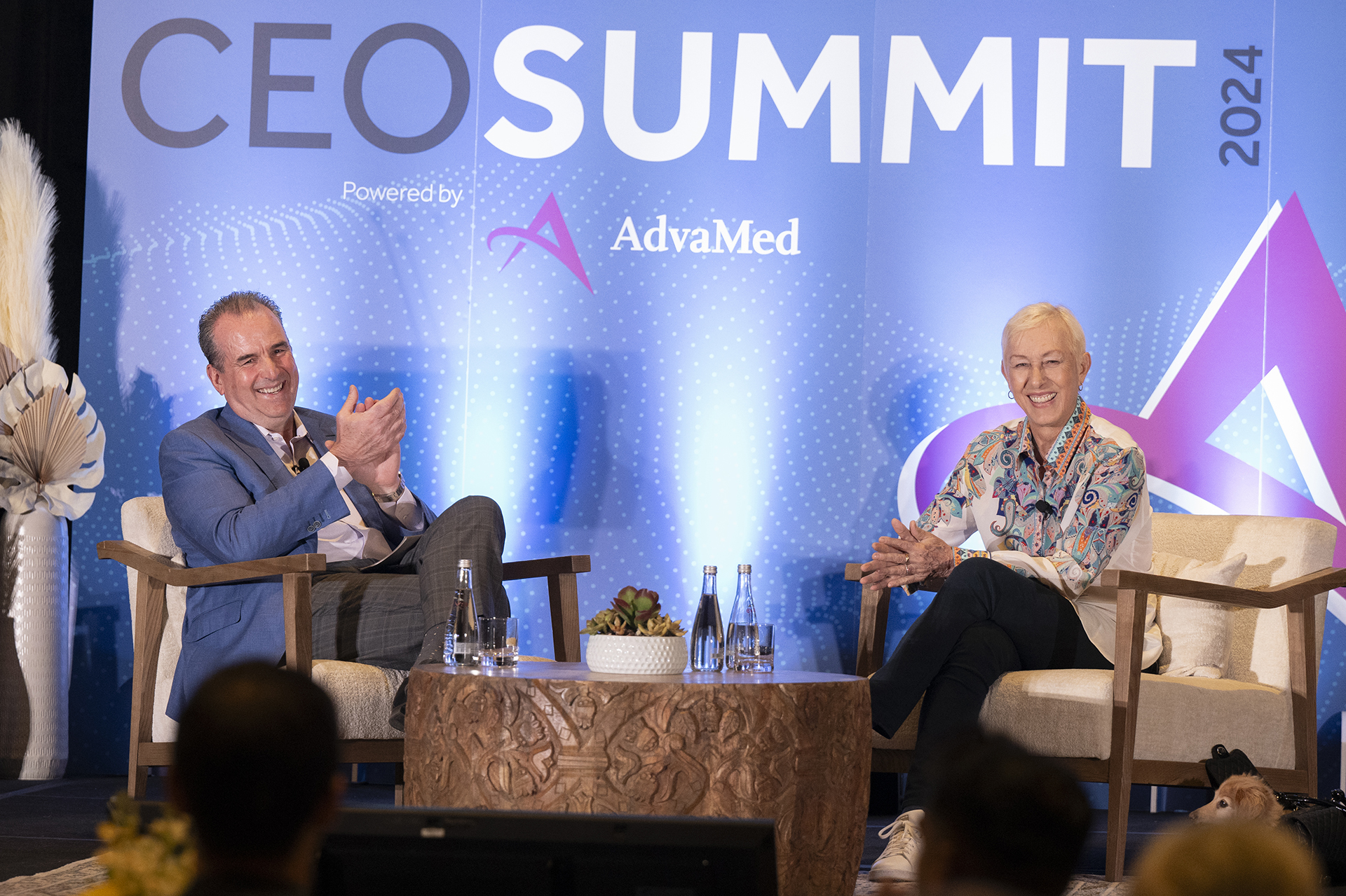 Peter J. Arduini, President & CEO at GE HealthCare with tennis star Martina Navratilova, who shared insights as a leader, athlete and breast cancer survivor at the AdvaMed CEO Summit in March 2024