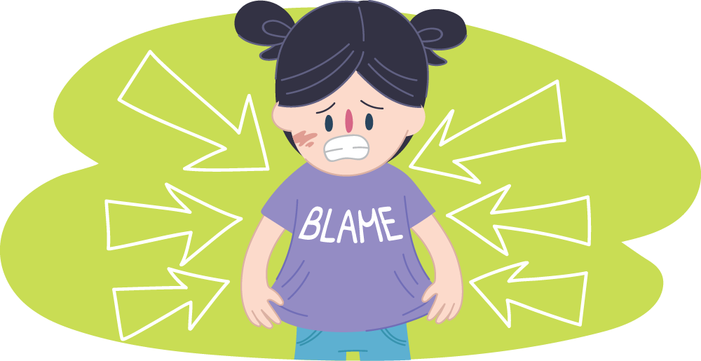 Illustration of a child wearing a shirt with the word “BLAME”, with arrows pointing towards them from all directions.