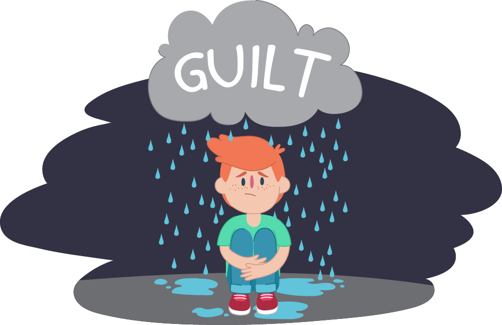 Illustration of a child sitting under a dark cloud labelled “GUILT”, with raindrops falling around them.