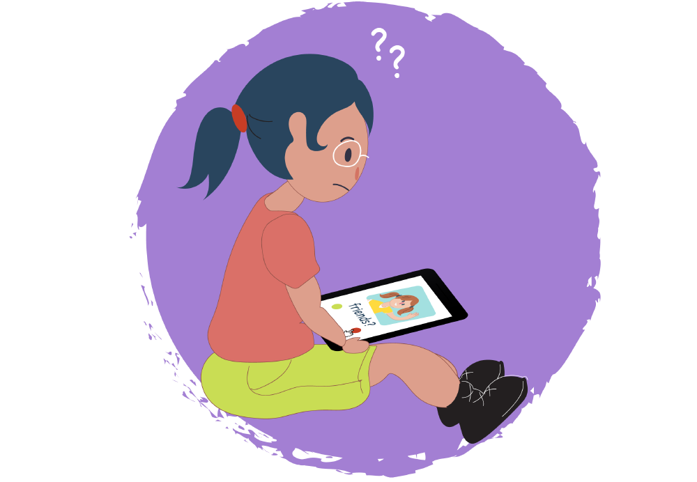 An animation of a girl sitting and holding a tablet with a question mark above her head.