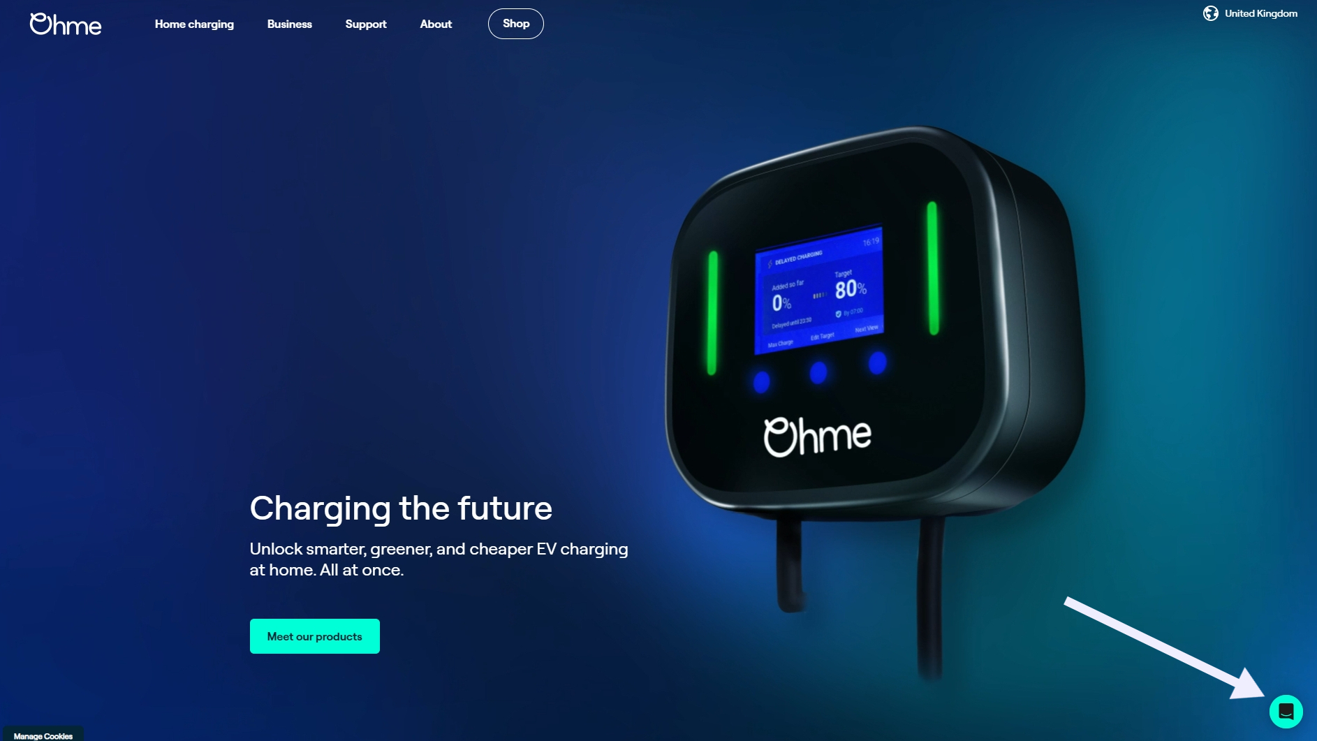 Screenshot of the Ohme homepage featuring a dark blue background with a glowing image of an electric vehicle home charger. Text reads “Charging the future” with a button labeled “Meet our products.” A small live chat icon is visible in the lower-right corner.