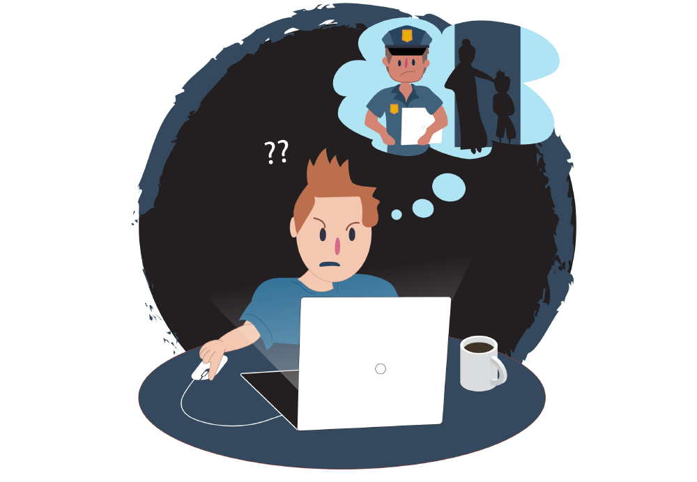 An animation of a child using a laptop with a thought bubble showing a uniformed officer.
