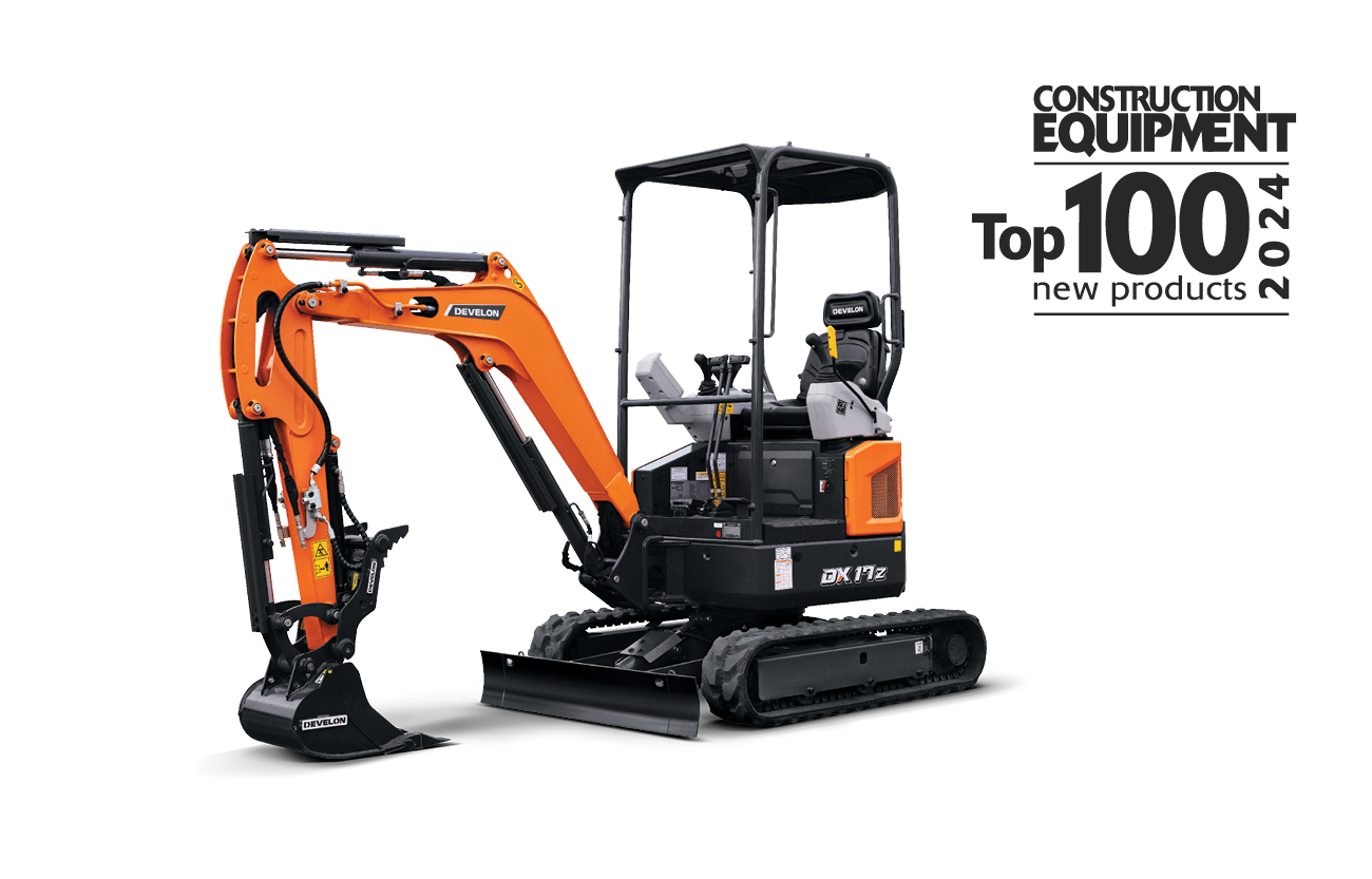 Cut out background of the DEVELON 4200-lb class (1.9-ton) DX17Z-7 mini (compact) excavator with a 16 hp engine.