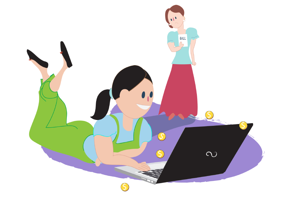 An animation of a girl using a laptop with coins on the screen and her Mum holding a bill nearby looking angry.