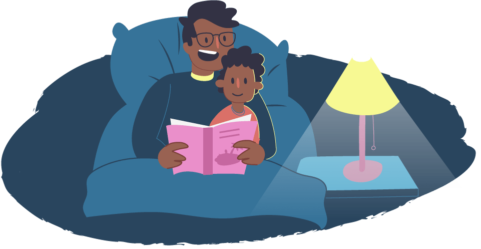 A child sitting in bed with their dad who is reading them a book.  