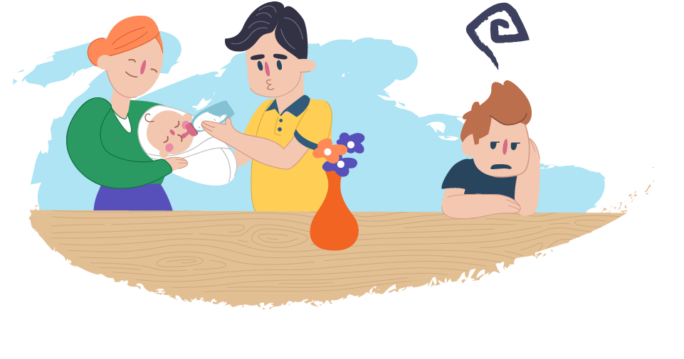 Parents standing together holding their baby while their other child sits nearby at a table looking upset.
