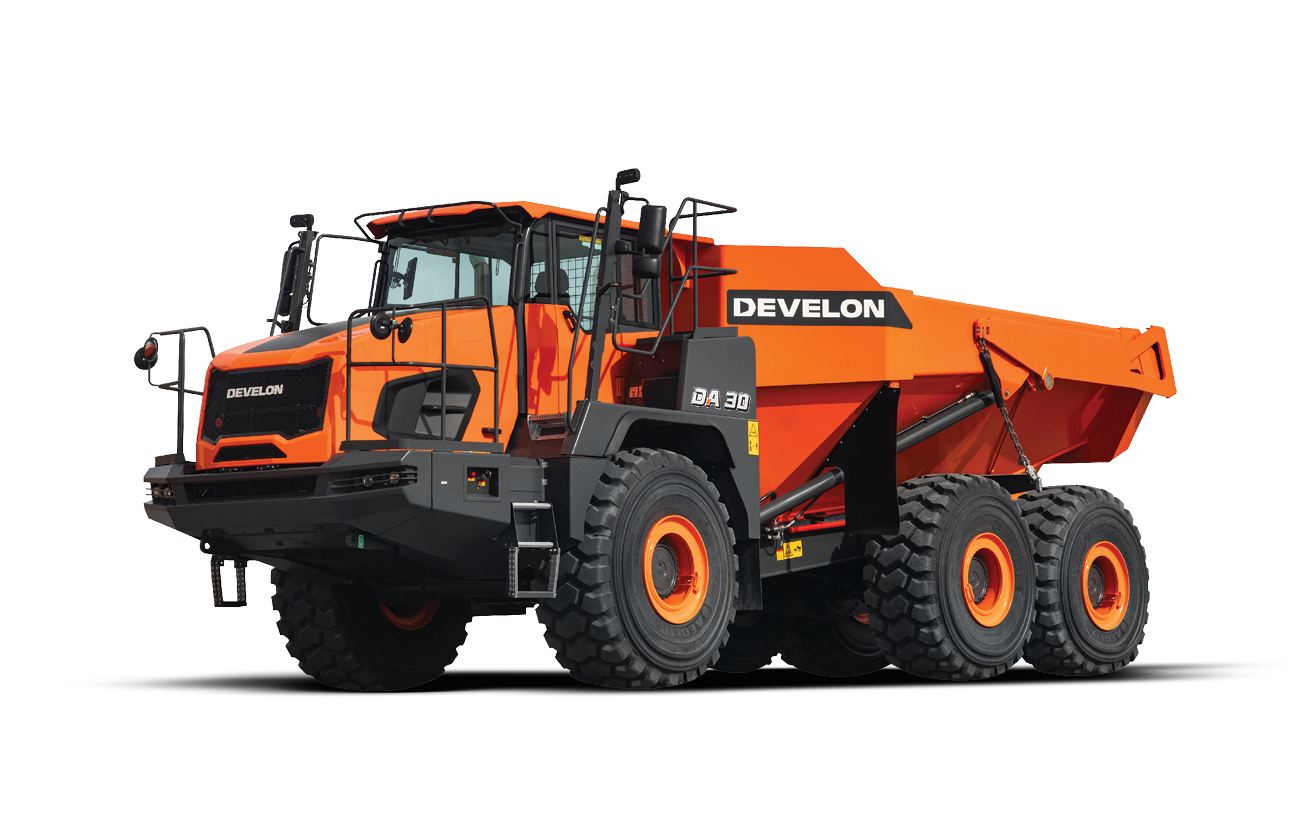 The DEVELON DA30-7 articulated dump truck against a white background.
