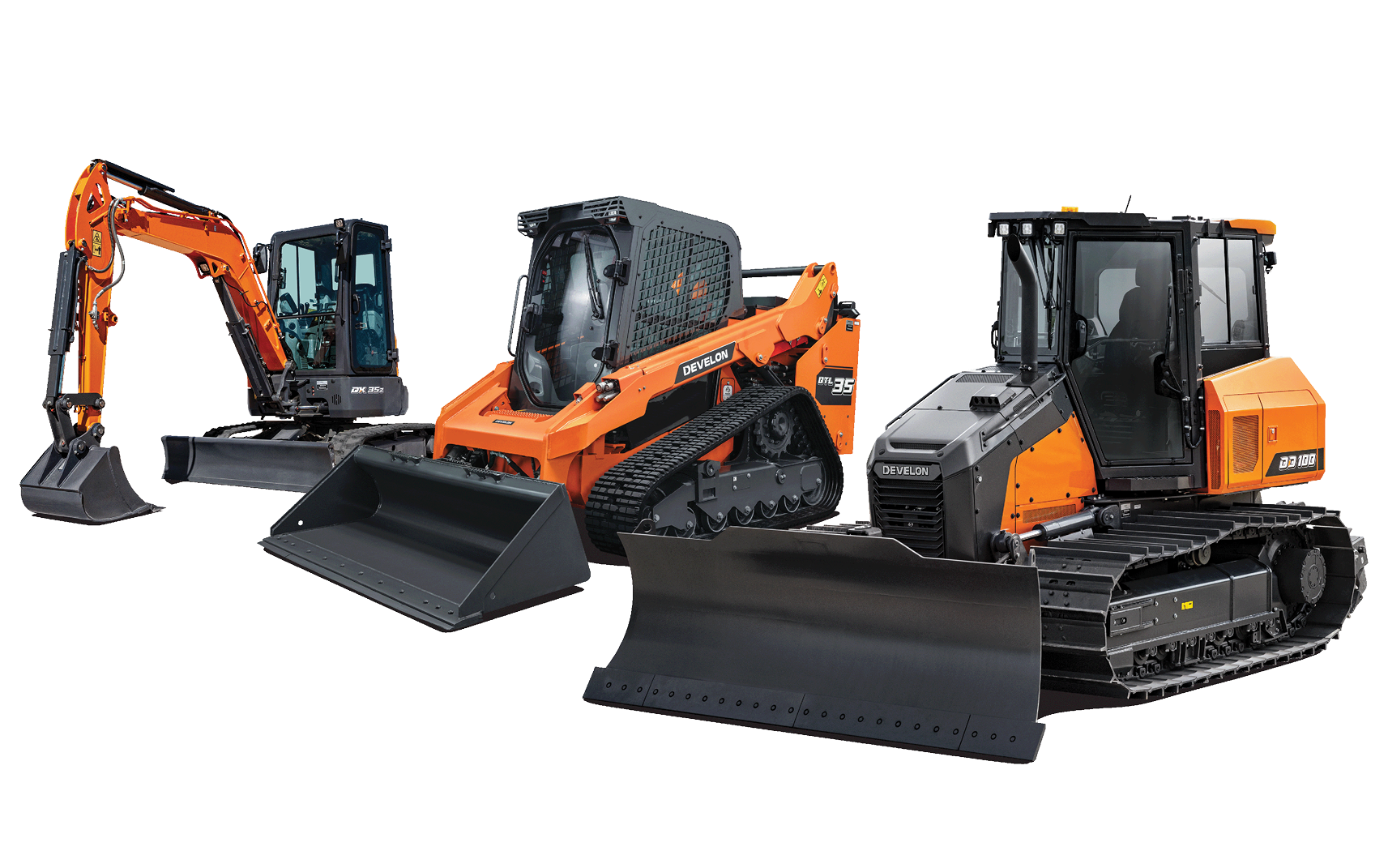 A DEVELON construction dozer, compact track loader and mini excavator.