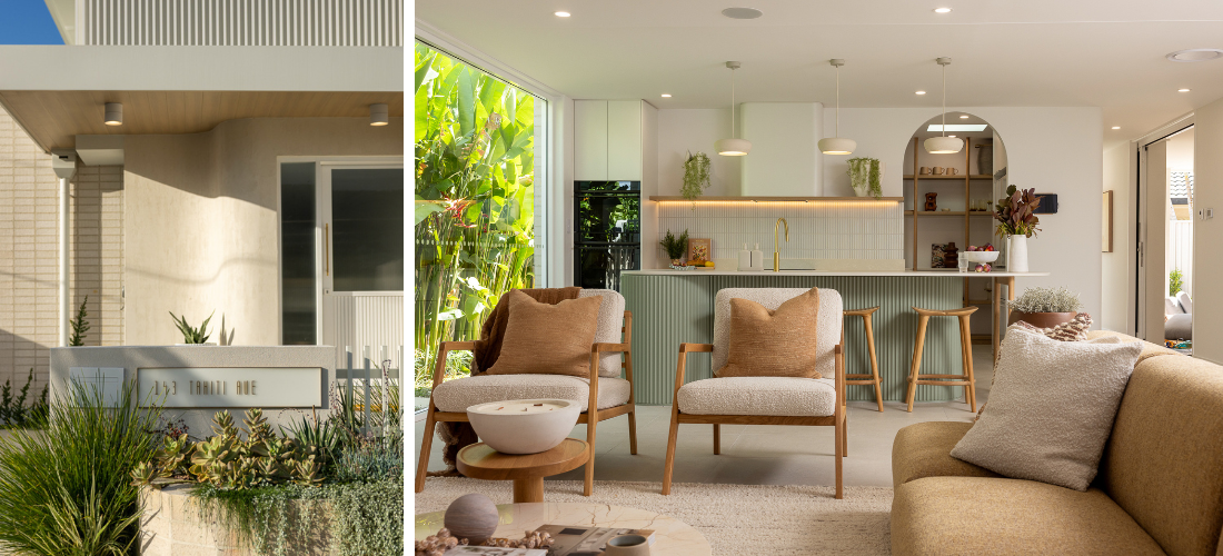 On the left is the front step of 143 Tahiti, and on the right is an image of the kitchen and living room