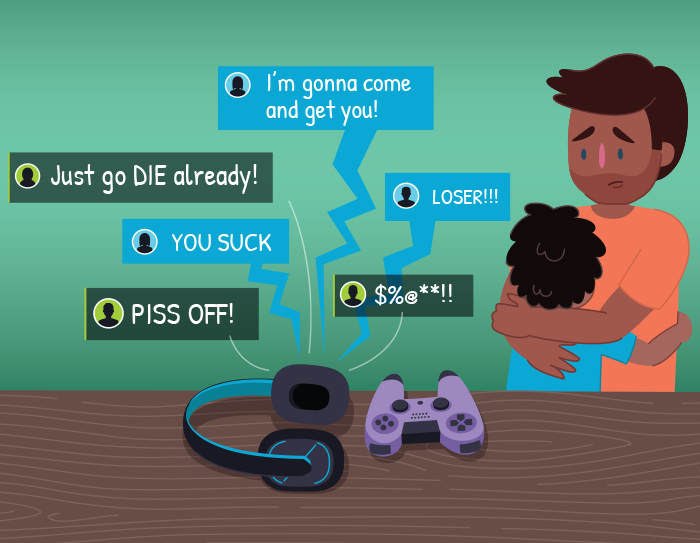 Child hugging father, surrounded by cyberbullying messages coming from gaming headset