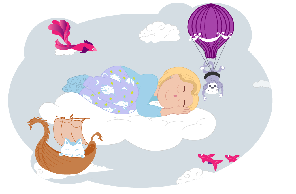 Animated illustration of a person lying asleep on a white cloud. The scene includes stars, a moon, drifting clouds, a small bird flying, and a cat sitting in a boat, all set against a soft blue sky background.