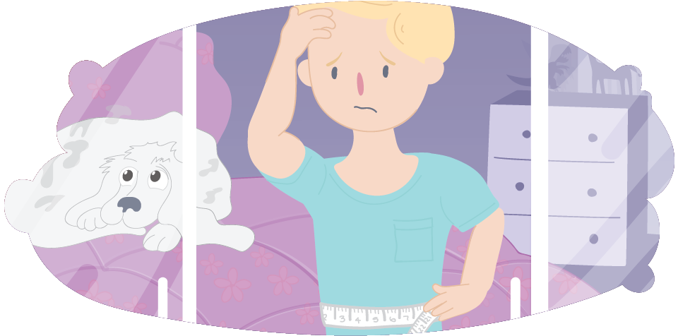Illustration of a person standing indoors with one hand on their forehead and the other at their waist. A measuring tape is wrapped around the waist area. A thought bubble shows a dog sitting on a bed.