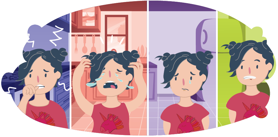 Illustration divided into four panels showing the same person in different poses. Anxiety, tears, or neutral expressions appear across the panels, with changing background colours in each section.