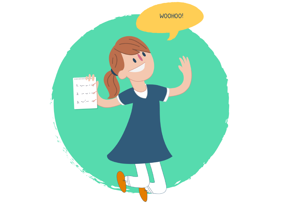 Illustration of a person jumping while holding a checklist with ticked items. A speech bubble above reads, “WOOHOO!”.