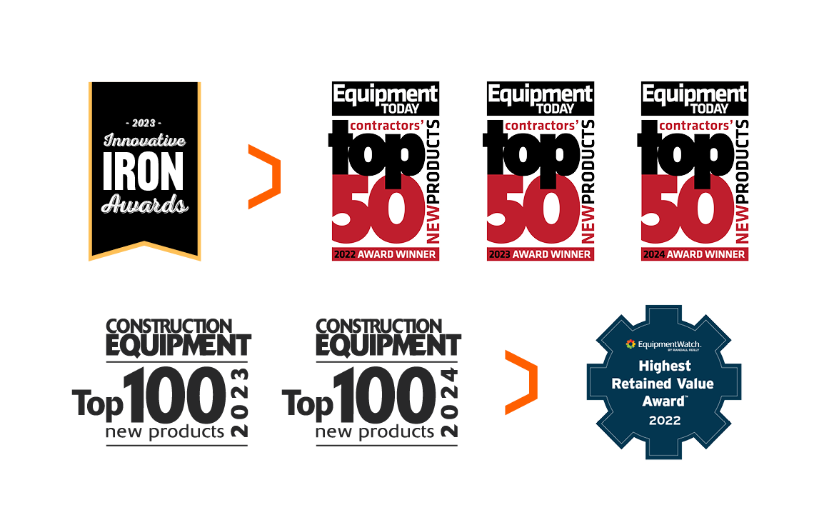 A collage of award recognitions DEVELON has received. From left to right: 2023 Innovative Iron Awards, Equipment Today Contractors’ Top 50 New Products Award 2022-2024, Construction Equipment Top 100 New Products 2022-2023 and Equipment Watch Highest Retained Value Award 2022.